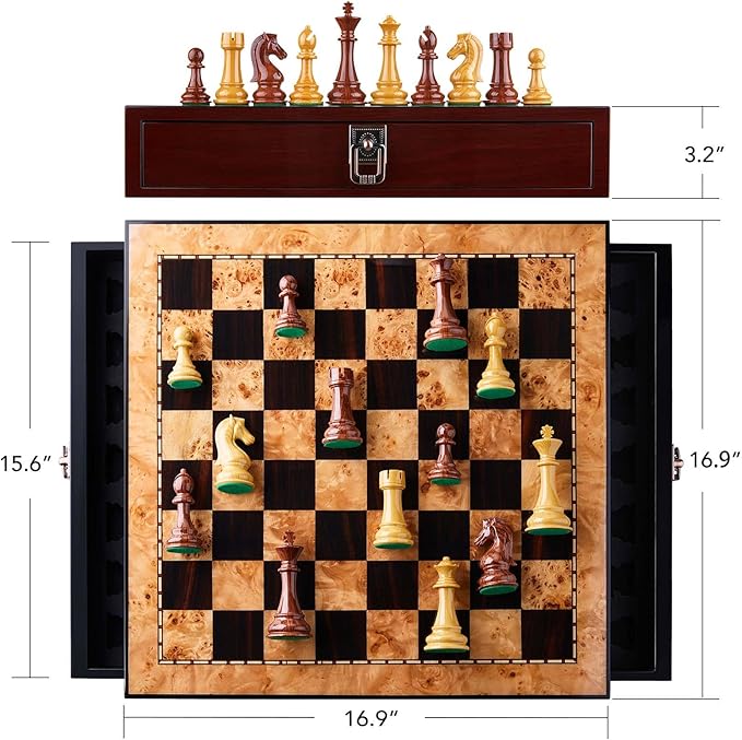 AMEROUS 17 inches Wooden Chess Set with High Polymer Weighted Chess Pieces / 2 Built-in Storage Drawers / 2 Extra Queens / 3.75'' King Classic Board Game