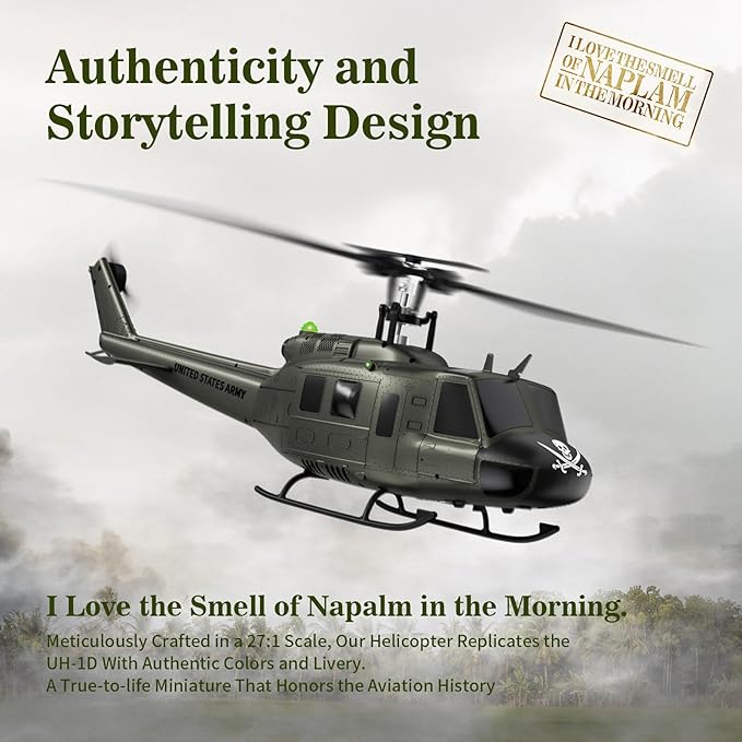 Carmanon UH-1 RC Helicopter - Huey Collectable Remote Control Helicopter with Auto-Hover for Adults Beginners 1/27 Scale 2 Batteries