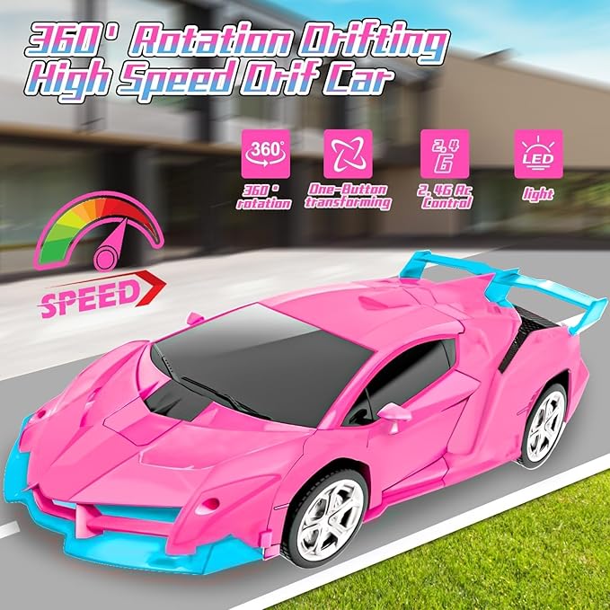 Pink Remote Control Car for Girls Age 3 4 5 6 7 8 Transformation Rc Cars Racing Car with One-Button Deformation &amp 360°Drifting Robot Toys for Birthday