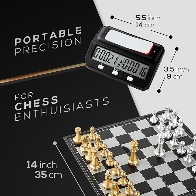 Magnetic Chess Game &amp Digital Clock Timer Set - Professional and Portable 14 x 14 Travel Chess Board Games