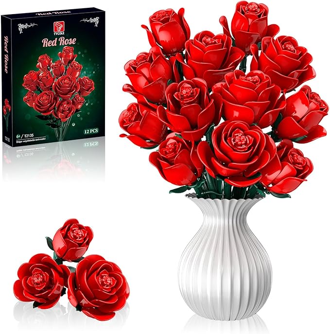 Red Rose Bouquet Building Set 12 Artificial Roses Flower Building Blocks for Adult Women Botanical Collection Home Decor Romantic Gift for Mother's Day Valentine's for Adults Girls (512 PCS)