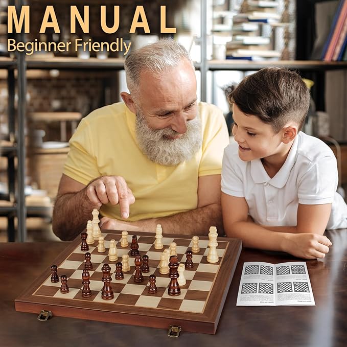 2 in 1 Magnetic Wooden Chess and Checkers Board Game Set 15 Folding Chess Boards with 2 Extra Queens Portable Travel Chess Sets with Pieces Storage Slots Beginner Chess Game Set for Kids Adults