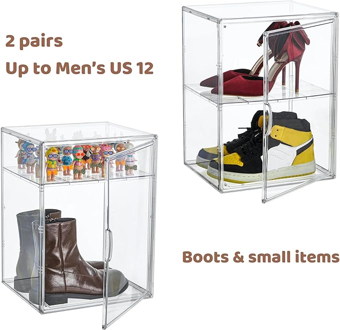 Attelite XXX-Large Clear Display Case Stackable Plastic Storage Bins with Lid 2 Tiers Boot Shoe Box Organizers with an Adjustable Divider Big Acrylic Display Storage Box with Magnetic Door