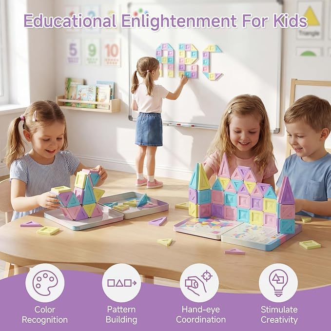 Mini Magnetic Tiles Girls Travel Set: 40 PCS Macaron Building Block with Tin Box - 90 Mins Quiet Play 45s Cleanup - Fly Trip Road Trip Toys for Kids Age 3 4 5 6