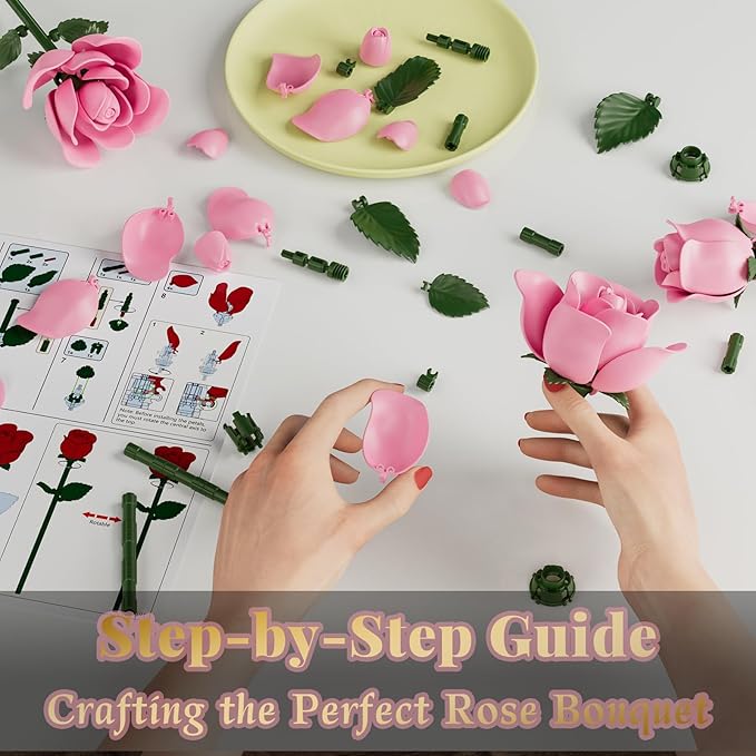 Pink Rose Building Flower Bouquet Set for Adults Compatible with Lego Flowers Artificial Plant Home Decor Creative DIY Building Toys Romantic Gifts for Her Birthday Valentine's Day Mother's Day