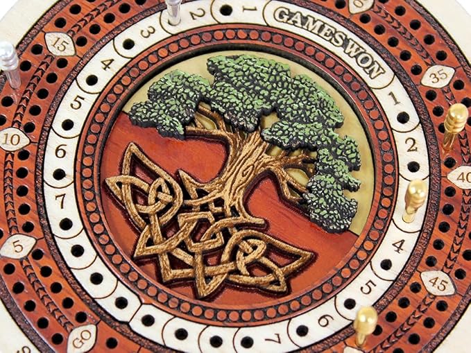 House of Cribbage - 2 Track 60 Points - Tree of Life Inlaid Wooden Travel/Pocket Size Cribbage Board - Size 4 Inch (Maple Wood/Blood Wood)