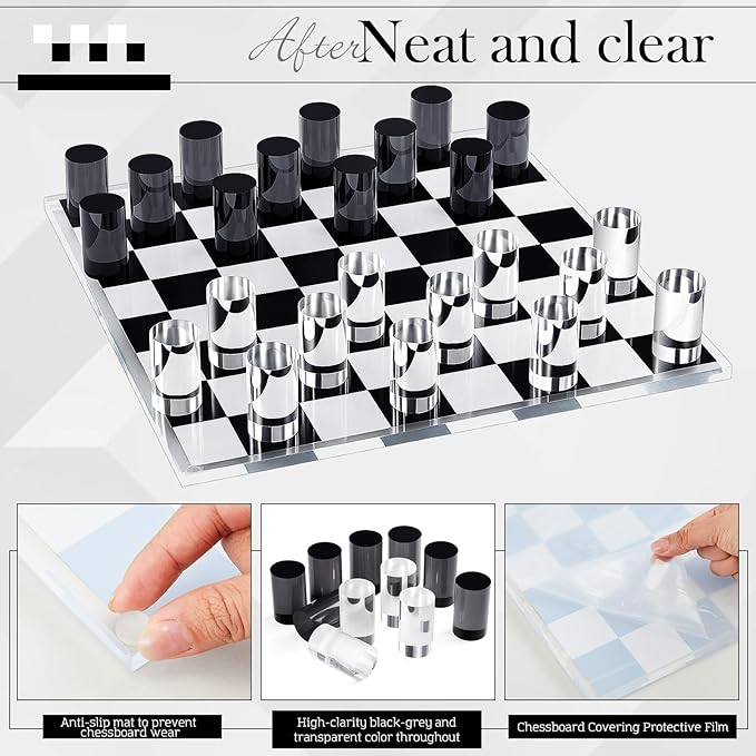 Acrylic Checkers Set 14 x 14 Inch Large Black Clear Modern Cylinder Table Game Board for Adults