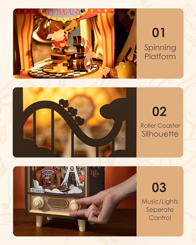 Rolife 3D Wooden Puzzles for Adults DIY Book Nook Kit 16 Ferris Wheel Music Box Model Building Set with LED Crafts for Adults Gifts for Girls Boys (Sunset Carnival)