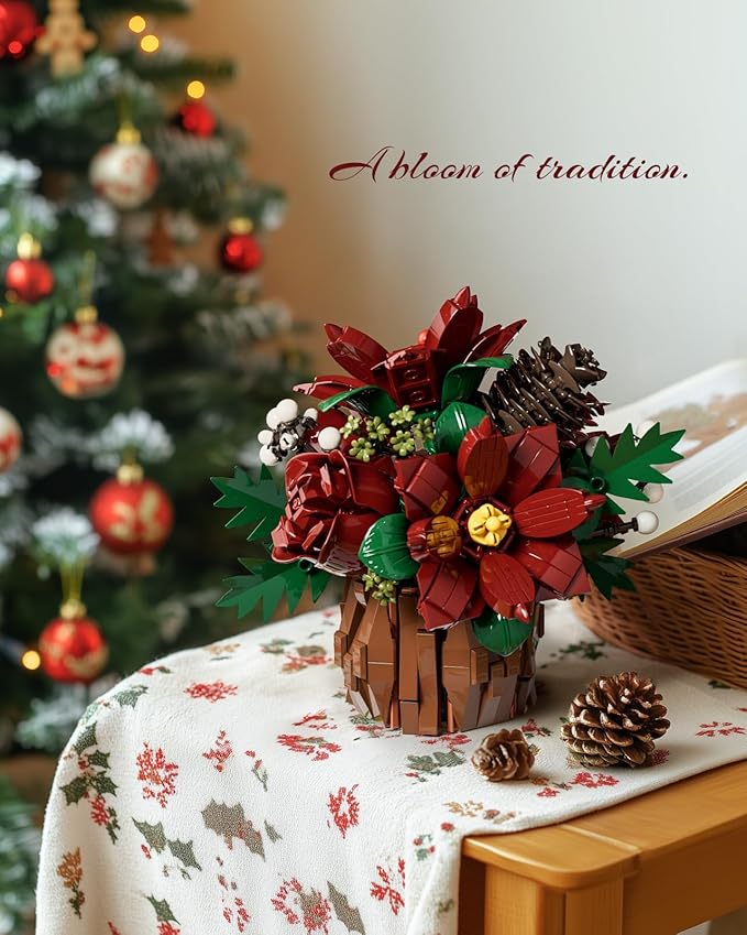 Nifeliz Poinsettia Flowers Building Set Artificial Poinsettia Floral Arrangement for Adults Tabletop Flower Decor for Home or Desk Display (767 PCS NF10347)