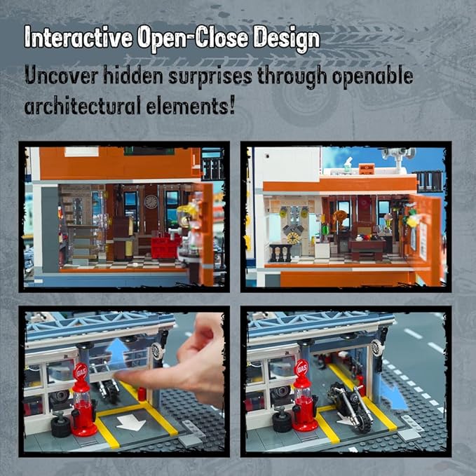 PANTASY Retro Motorcycle Diner &amp Bar Building Set - Modular Street Corner Architecture Kit with Interactive Doors Openable Walls 4 Motorcycles &amp 5 Exclusive Minifigures for Display &amp Pla