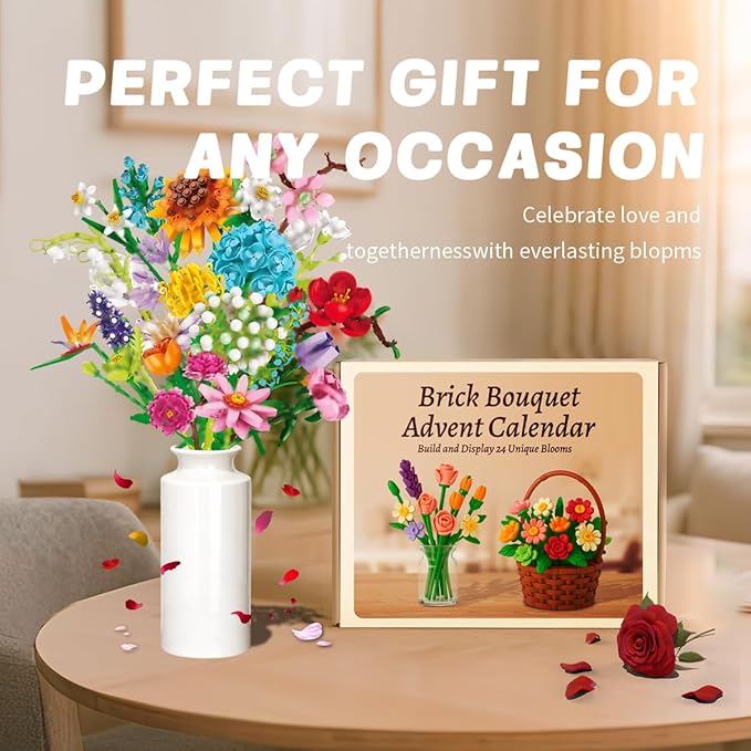 Flower Building Block Bouquet Kit for Women DIY Brick Flowers Craft Set with Adjustable Stems and Petals Creative Botanical Construction Toy for Desk Decoration Gift for Teens and Adults