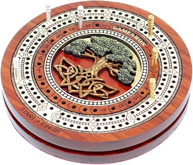 House of Cribbage - 2 Track 60 Points - Tree of Life Inlaid Wooden Travel/Pocket Size Cribbage Board - Size 4 Inch (Blood Wood/Maple Wood)