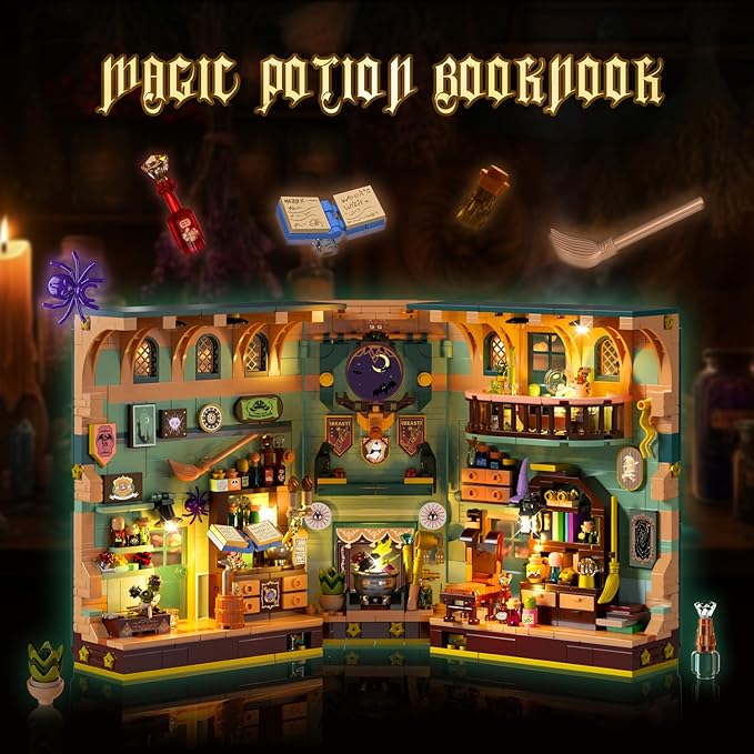 Magic Potion Booknook Building Set with Light DIY Bookend Building Block Kit for Home Decor Bookshelf 990 PCS Miniature Book Nook House Building Brick Model for Adults Kids Boys Girls Age 8+