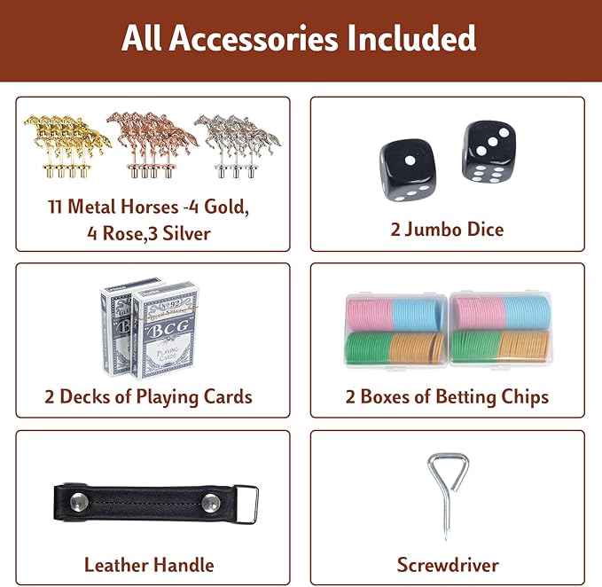 26.4in Wooden Horse Race Board Game for Adults – Foldable Horse Racing Game Board with 11 Metal Horses 2 Jumbo Dice 2 Decks of Cards 2 Boxes of Chips – Party Horse Game Night for Family &amp Frien