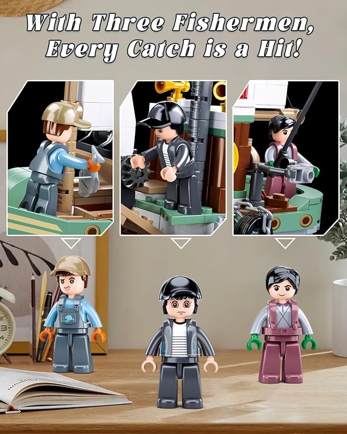 City Fishing Boat Building Kit with 3 Fisherman Minifigures Ship Building Sets with Fishing Rods &amp Buckets Christmas Birthday Gifts Toys for Kids Aged 6-12 Compatible with Lego Boat 610 PCS