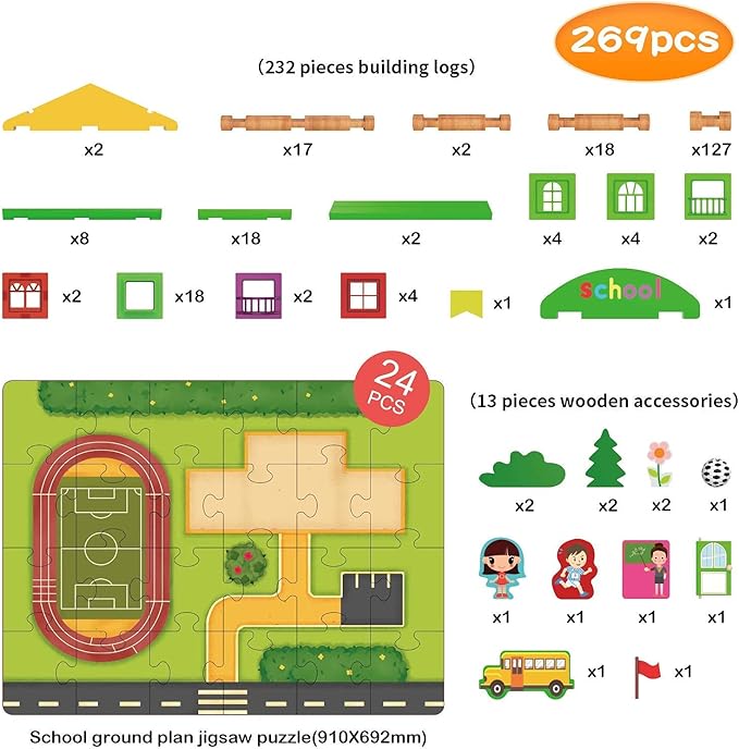 Wondertoys 269 Pieces Real Wood Logs Set Ages 3+ Classic Building Log Gift Set for Boys/Girls– Creative Construction Engineering - Top Blocks Game Kit - Preschool Education Toy