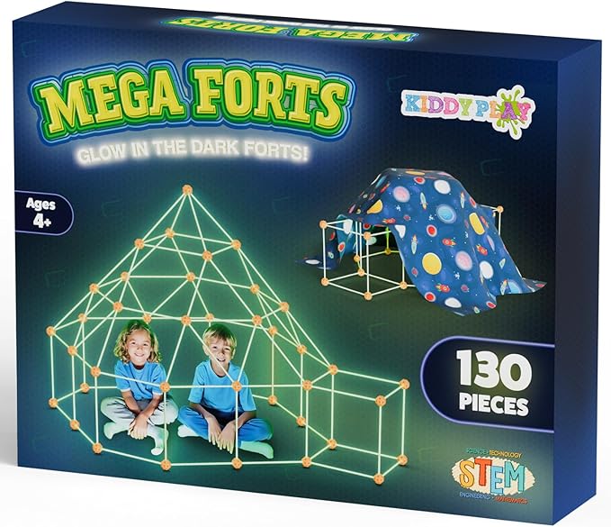 KiddyPlay Mega Forts - 130 Piece Fort Building Kit For Kids - Glow in the Dark DIY Fort Making Kit - Build a Fort Building Kit - STEM Building Toys For Kids