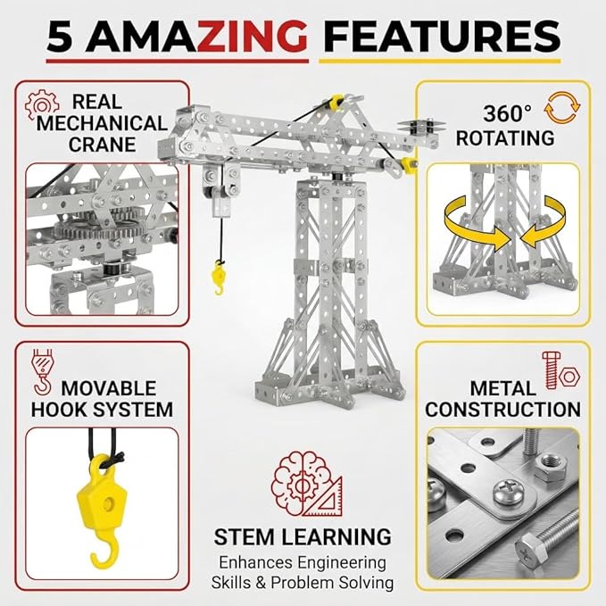 Metal Building Toys 273pcs 3 in 1 Tower Crane &amp Frame Crane &amp Windmill Metal Model SetErector Sets for Boys Age 8-12DIY Building Stem Projects Toys for KidsBirthday Gifts for Model Crane F