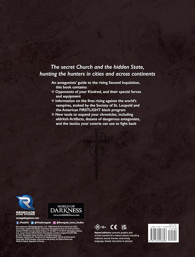 Renegade Game Studios Vampire Masquerade 5th Edition Second Inquisition Supplement Hardcover