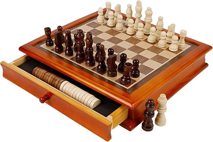 Juegoal 12-Inch Wooden Chess &amp Checkers Set with Storage Drawer Portable Board Games for Kids and Adults