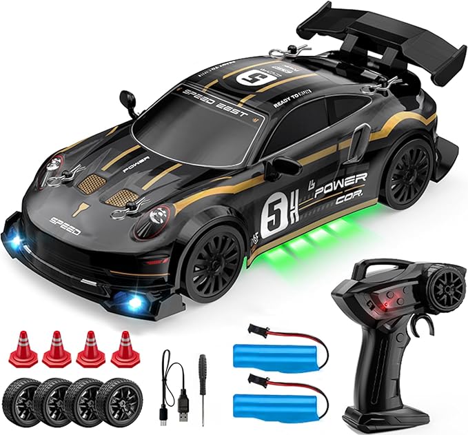 1:24 Scale RC Drift Car 4WD 2.4GHz High Speed Racing Sport Toy Car with LED Lights Racing and Drift Wheels (E80-Black)