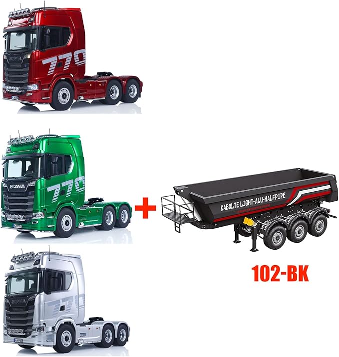 KABOLITE 1/14 6x6 770S 100 RC Tractor Truck Lorry Car 2Speed Gearbox Differential Lock RTR Model for Adult(Silver) Fit with Semi Trailer Flatbed 1502 TH16848 1/14 2Axle Trailer TH01024