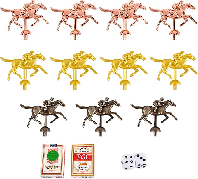Horse Race Board Game Replacement Horses Horse Racing Board Game Horse Figurines with 11 Horses(4 Gold 4 Rose Gold 3 Silver-Gray Horses 2 Dices and 2 Playing Cards NO Game Board Included)
