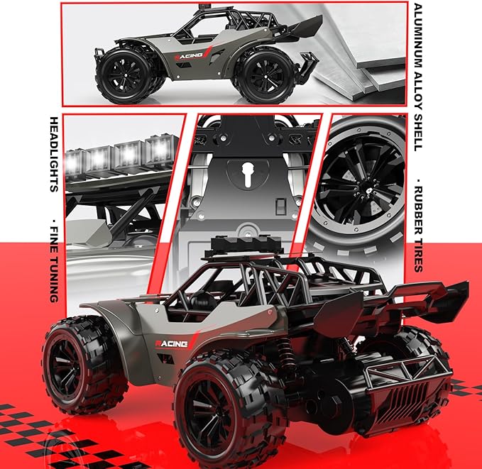 Remote Control Car 2.4GHz Remote Control Truck Metal Shell High Speed 20 KM/H Monster RC Truck Off Road with LED Headlight RC Car Two Rechargeable Batteries 50+min Gifts for Kids 6-12