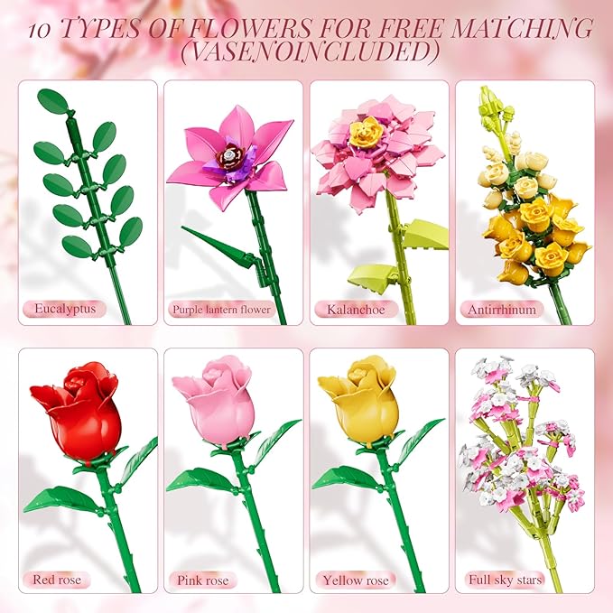 Flowers Bouquet Building Set Pink Roses Flores Set for Adults 765 PCS Botanical Collection Building Block Toy Home Decor Gifts for Valentine's Day Birthday Artificial Flowers for Women Kids 6+