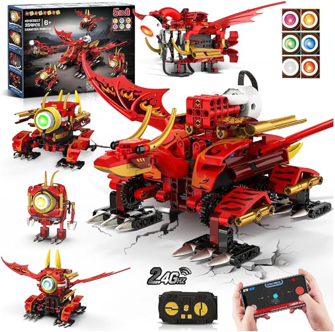 HOGOKIDS 5-in-1 Dragon Robot Building Toys with 6 Lighting Colors &amp 5 Light Effects - 354PCS Remote &amp App Control Robots Toy Set for Kids RC Robot Building Toys Gifts for Teens Boys Girls Age