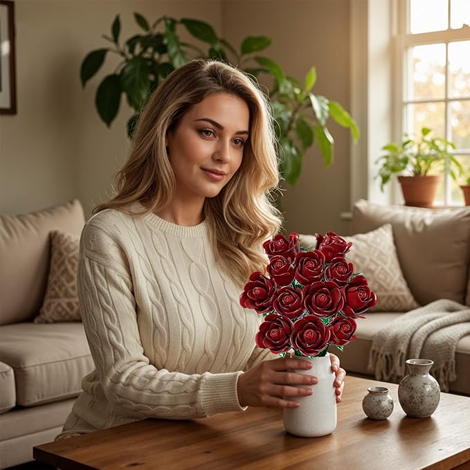 Burgundy Red Rose Bouquet Building Set for Girls &amp Boys - 12 Pack Botanical Collection Gift for Easter Basket Artificial Flowers Botanical Collection Centerpiece Retro Decor