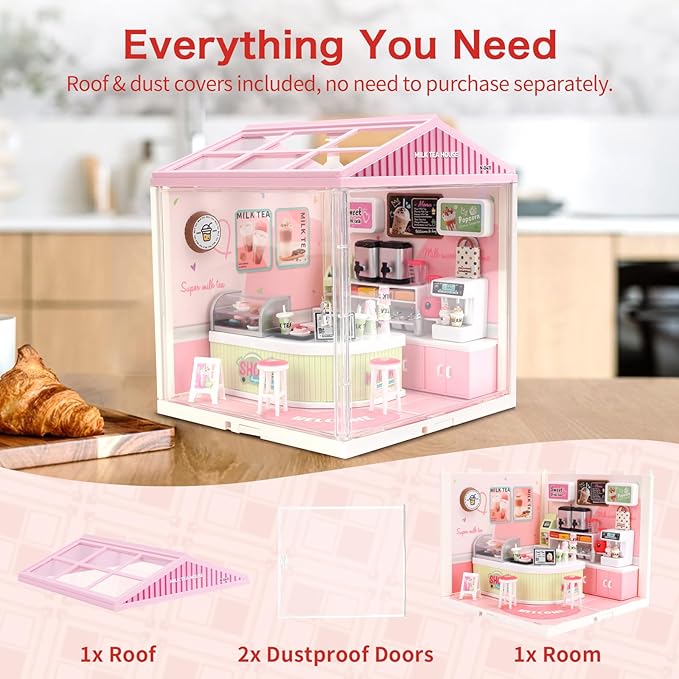LED Building Blocks for Adults 1:24 DIY Miniature Dollhouse Kits with Roof &amp Dustproof Cover Tiny House Toy Building Sets for Kids Ages 8-12-15 Birthday Hobbies Gift for Men Women Boy Girl