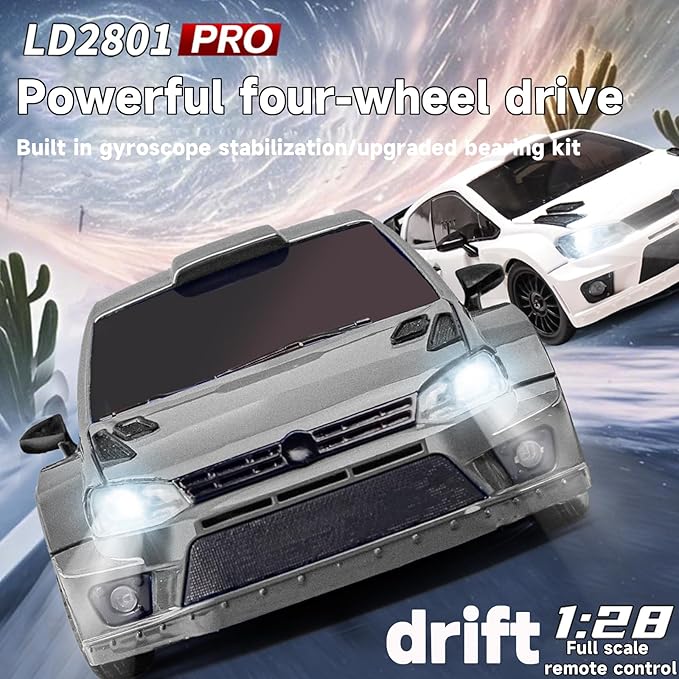 LDRC 2801PRO 1/28 Mini RC Drift Car GTR 2.4GHz 4WD RTR with Gyro and 4PCS Drift Tires Racing Radio Control Cars (Silvery)