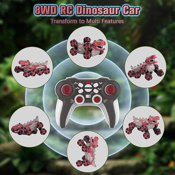 8 Wheels Dinosaur Transform RC Stunt Car - 2.4Ghz Remote Control Dinosaurs Monster Truck with Transforming &amp Spray &amp 360° Rotation Dinosaur Toys for Kids 5-7 8-12 Boy Christmas Birthday Gift