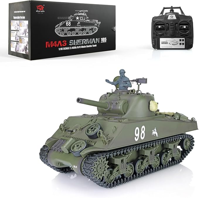 Heng Long US in Stock RC Tank 2.4G 1/16 Scale 7.0 Plastic Version M4A3 Sherman Smoking Unit Battle Tank Military Transport Vehicles 340° Rotating Turret IR Combat Model 3898 BB Airsoft