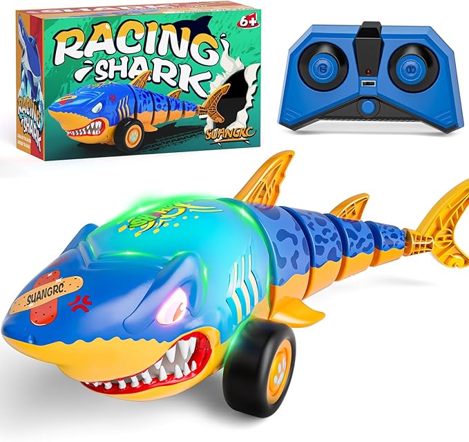 RC Shark Car Toy for Kids 2.4Ghz Remote Control Shark with Swinging Tail Shark Toy with LED Lights RC Car Toys for 3 4 5 6 Year Old Kids Idea for Boys &amp Girls