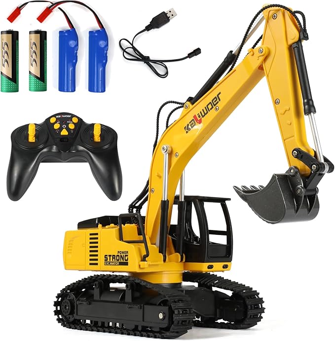 Remote Control Excavator for Boys Metal Bucket Construction Vehicle - Includes 2 Rechargeable Batteries for 40+ Mins Play 1/24 Scale Realistic Sound &amp Lights STEM Gift for Kids 3-12