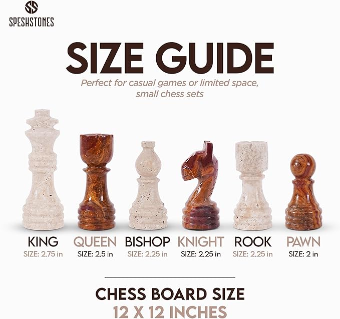 Marble Chess Set for Adults 12 Inch Handmade Travertine and Brown Board Game with Storage Box Classic Table Chess Set with Pieces &amp 2 Extra Queens Gifts &amp Home Décor