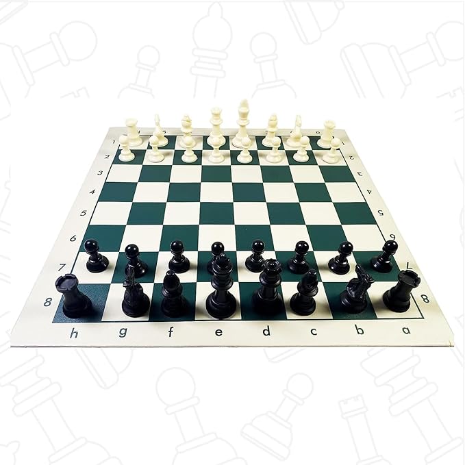 Tournament Chess Set: Portable Plastic Tube Roll Foldable Vinyl Chess Board (Green 16X16IN 2 Players All Ages)