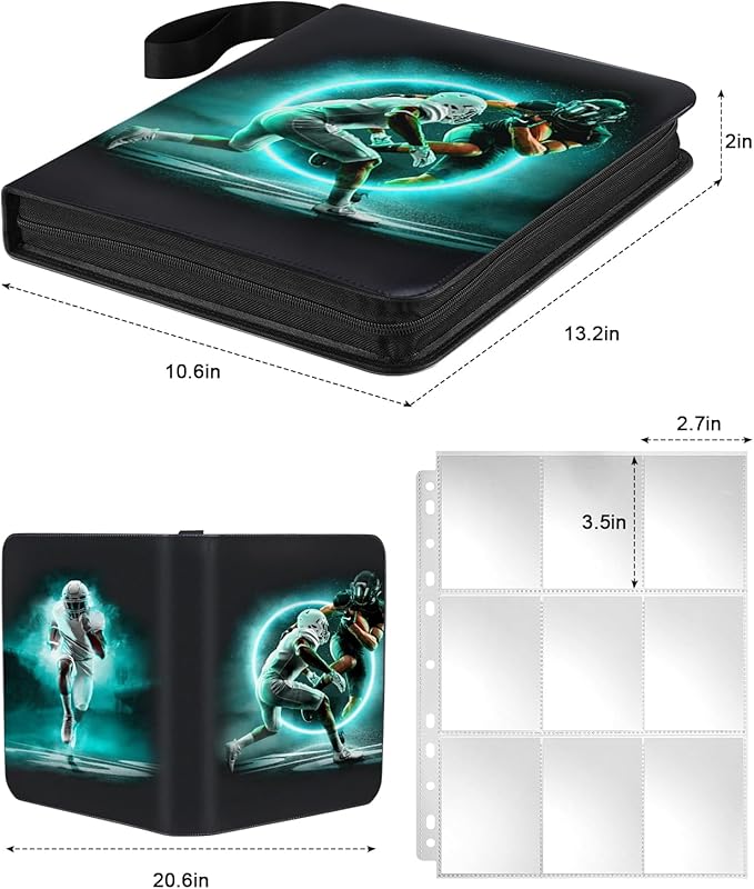 Football Card Binder 9 Pocket Football Card Holder 3 Ring Binder with Zipper 810 Pockets Portable Collector Album for Sports Cards Game Cards TCG MTG 2025-2026