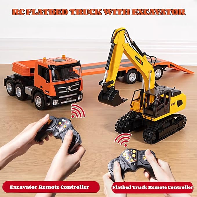 RC Semi Truck &amp RC Excavator Set 1:24 Scale Remote Control Flatbed Truck with Detachable Trailer 2.4GHz RC Semi-Trailer Construction Vehicle with Sound and Light