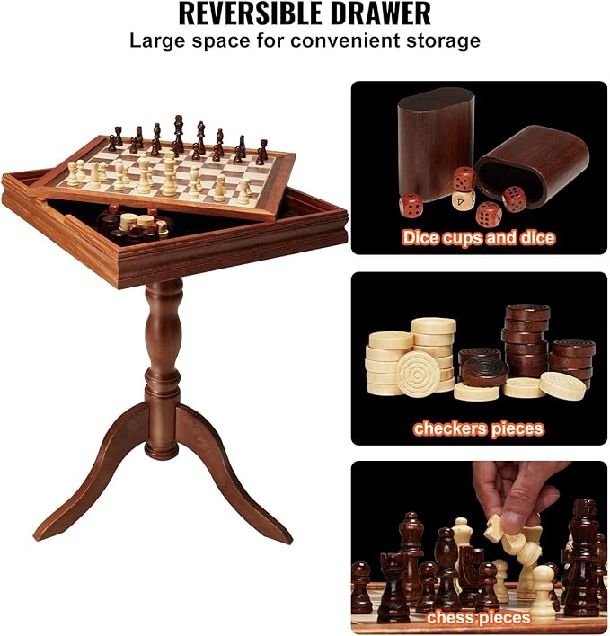VEVOR 3-in-1 Chess Checkers Backgammon Table Set 18 Inch Premium Wooden Chess Table Deluxe Combo Game Table Furniture Set Chess Set Board Game Gift for Family Board Games