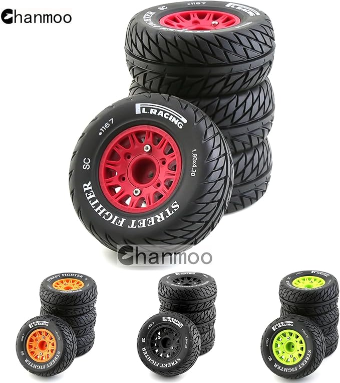 1/10 RC Short Course Truck Tires And Wheels With 12mm 14mm 17mm Hex 113mm 1/8 Rubber Tyres For 1/8 or 1/10 Scale On Road Car HSP Sonic 94102 GT PTG-2 Tamiya TT02 RC Racing Car 4PCS (Red B)