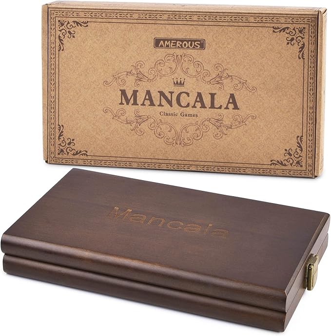AMEROUS Wooden Mancala Board Game Set with 72+8 Bonus Multi Color Glass Stones - Folding Board - Mancala Instructions Classic Family Board Game for Kids Adults Tabletop Version