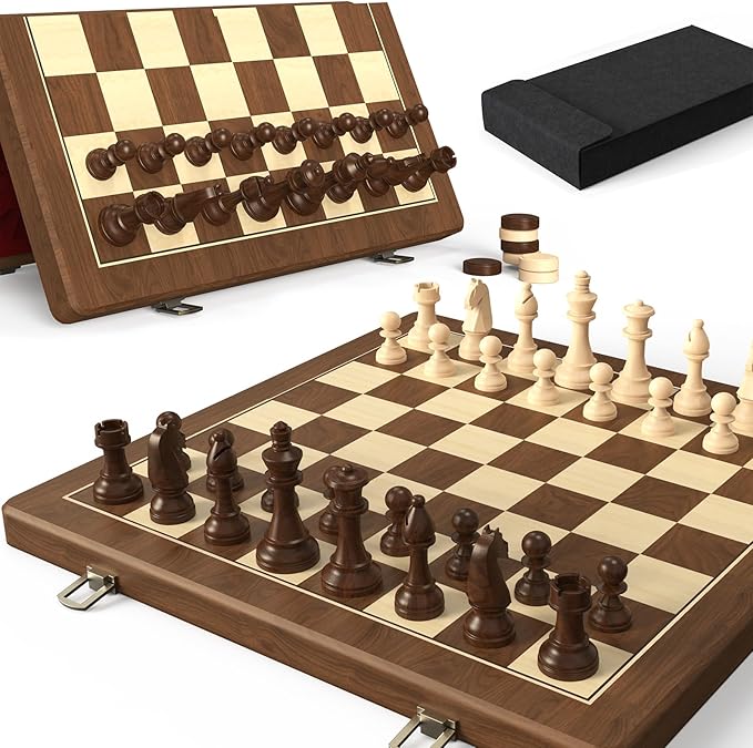 Premium Natural Walnut 15 Magnetic Wooden Folding Chess &amp Checkers Set- 2 in 1 Board Game with 3 King Staunton Pieces and 2 Extra Queens Checkers and Dust-Proof Storage Bag (Red)