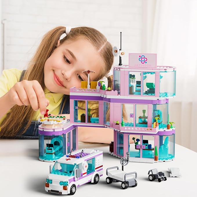 QLT QIAOLETONG Friends City Hospital Building Set Ambulance Truck with Hospital Bed Wheelchair Playset Birthday Gift for Boys Girls Kids 6+ Years Old-Compatible with Lego for Girls Age 8-12