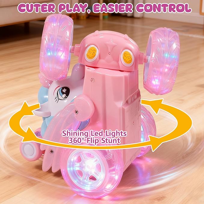 Unicorn Toys RC Car for Girls 4-6 Pink Cute Remote Control Toy for Beginner - Easy-to-Use 360°Flips Stunt &amp Cool Blinky Lights - 3 4 5 6 7 8-10 Year Old Girl Birthday Gift Idea Christmas Stuff