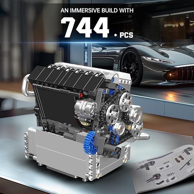 Mould King 10213 Car Engine Building Sets Intelligent Chip Drive Engine Model Kit That Runs Build Your Own STEM V8 Engine Model Toys for Adults Collections Home or Office Décor (744+ PCS)