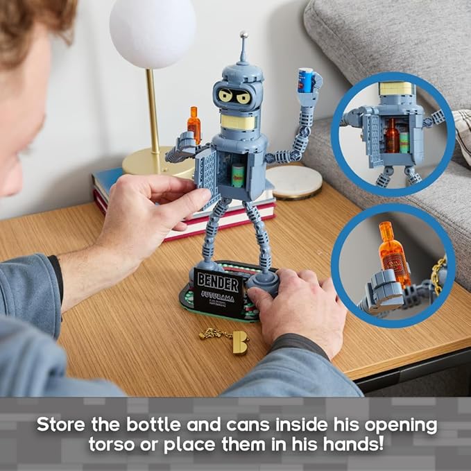 Brickcraft Futurama Bender Brick Building Kit | 396-Piece Posable Robot Figure with Gold Chain &amp Drinks | Sci-Fi Collectible Display Model Holiday for Adults Teens &amp Animated TV Fans