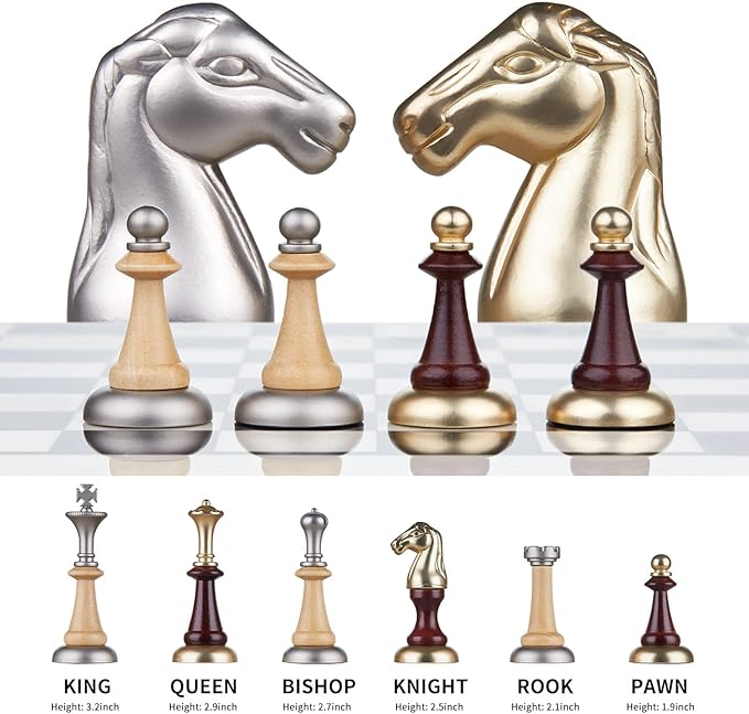 AMEROUS 16 Inches Wooden Chess Set Large Size Board with 2 Built-in Storage Drawers - 2 Extra Queens - Metallic &amp Wooden Chess Pieces - Gift Packaging Board Games for Adults and Kids